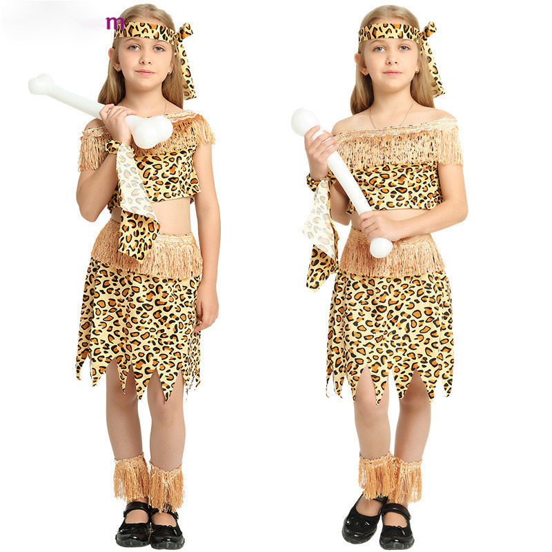 万圣节野人豹纹服装儿童演出衣服土著人非洲原始人印第安野人套装