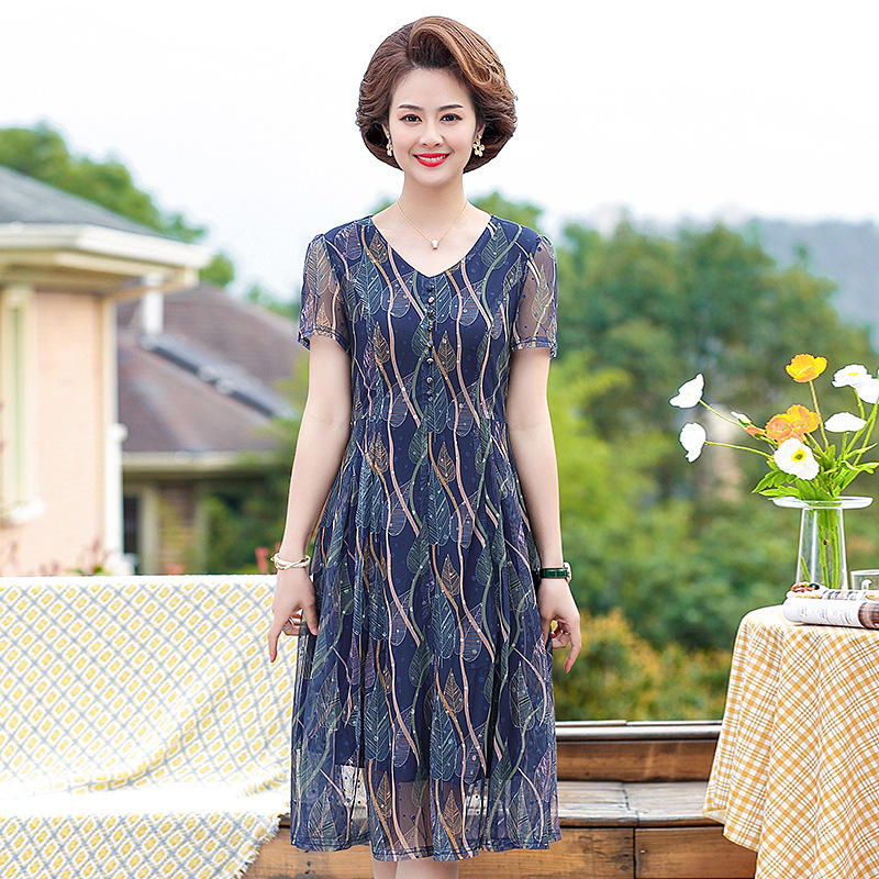 妈妈气质连衣裙中年女夏装显瘦40岁50高贵洋气中老年短袖过膝裙子