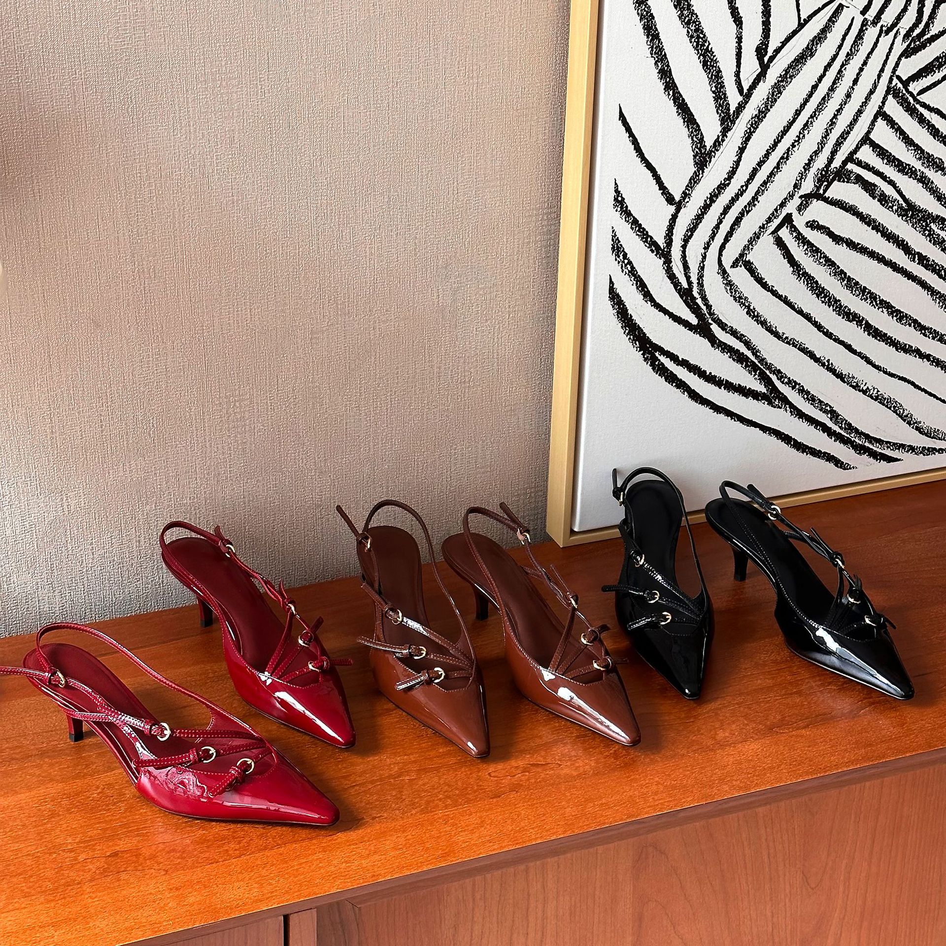 源头真皮手工】尖头罗马凉鞋后空穆勒鞋高跟凉鞋小猫跟后空单鞋