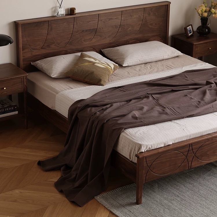 北欧简约黑胡桃木实木床复古美式小户型主卧樱桃木双人床原木家具