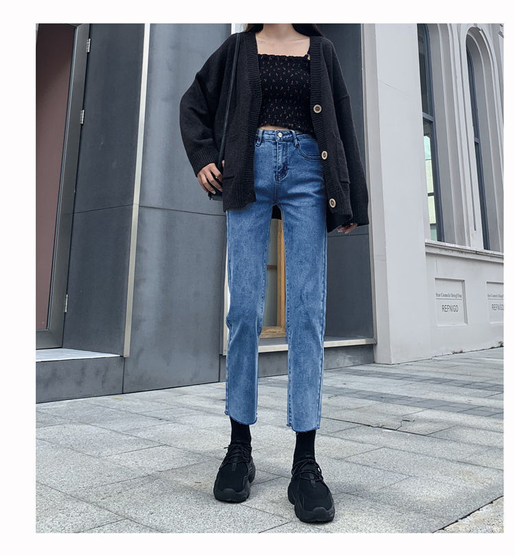 直筒牛仔裤女高腰显瘦弹力修身烟筒浅蓝色小个子九分烟管裤子春秋