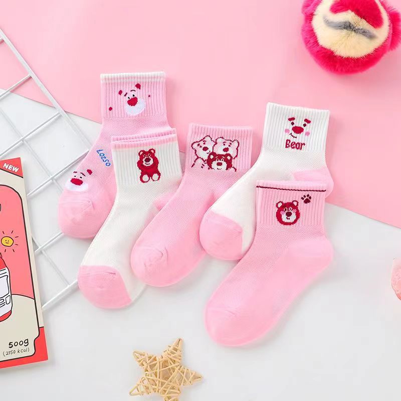 草莓熊儿童袜子批发粉色卡通短袜春夏季学生宝宝小孩精梳棉宝宝袜