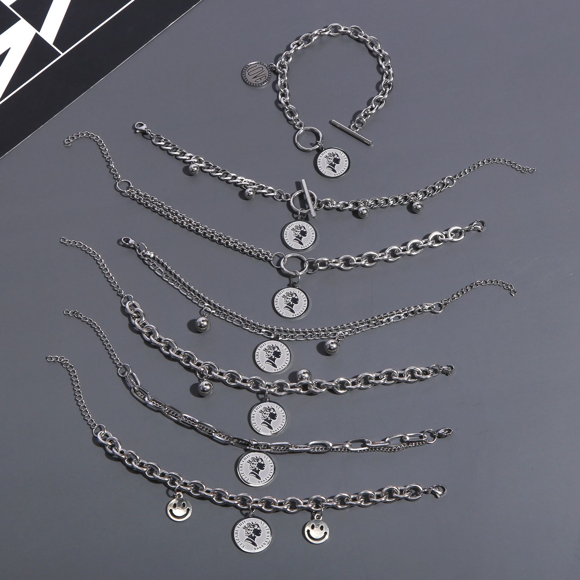 European and American Titanium Steel Trendy Bracelet Head Shape Hanging Double-Layer Bracelet Personality Student All-Match Titanium Steel Bracelet Wholesale