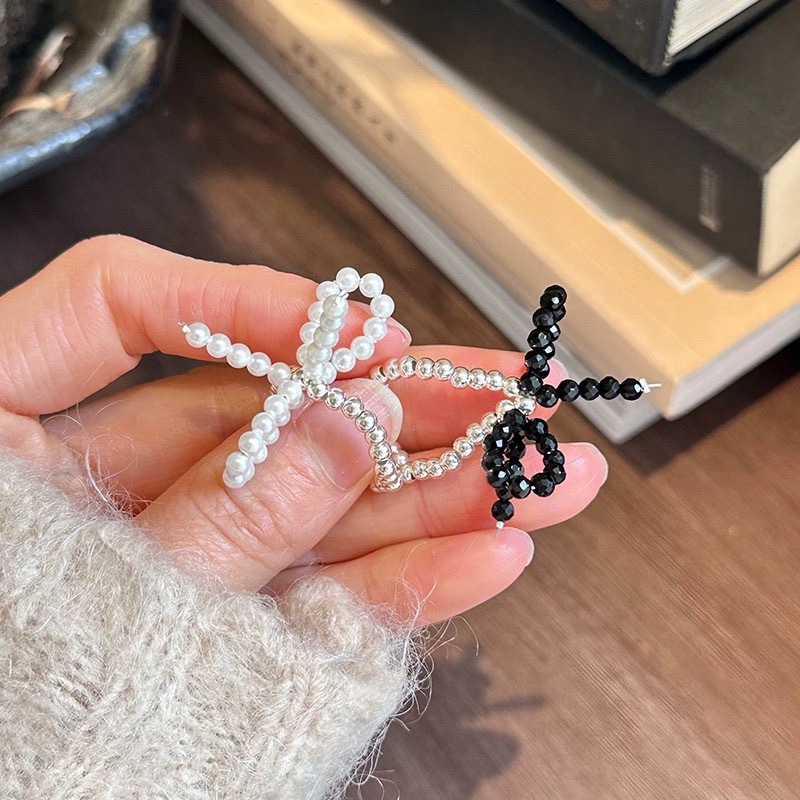 韩国通体s925银饰品气质甜美风黑色串珠编织珍珠蝴蝶结玛瑙戒指韩