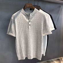 软糯肌理麻花纹开扣圆领针织衫男士短袖T恤夏季新款休闲上衣短袖