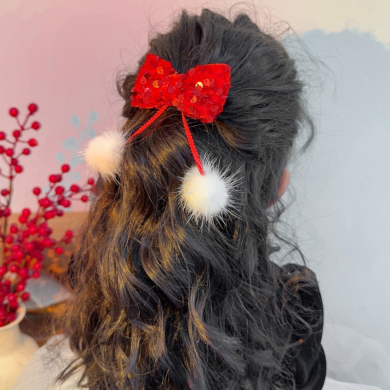 Red Bow Hairpin Headdress Children's New Year Cute Shredded Hair Bangs Clip Baby Girl Chinese New Year Celebration Joyous Hair Accessories