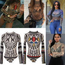 New Sexy Women Tattoo Tribal Print Stchy Bodysuit See-Throug