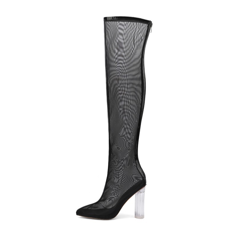 夏季新款粗跟过膝长靴网纱女靴透明凉靴橘色灰色欧美时尚女鞋大码