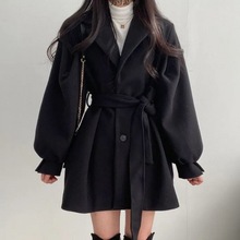 呢子大衣新款韩版秋冬宽松风大衣女西装领中长款小个子毛呢外套厂