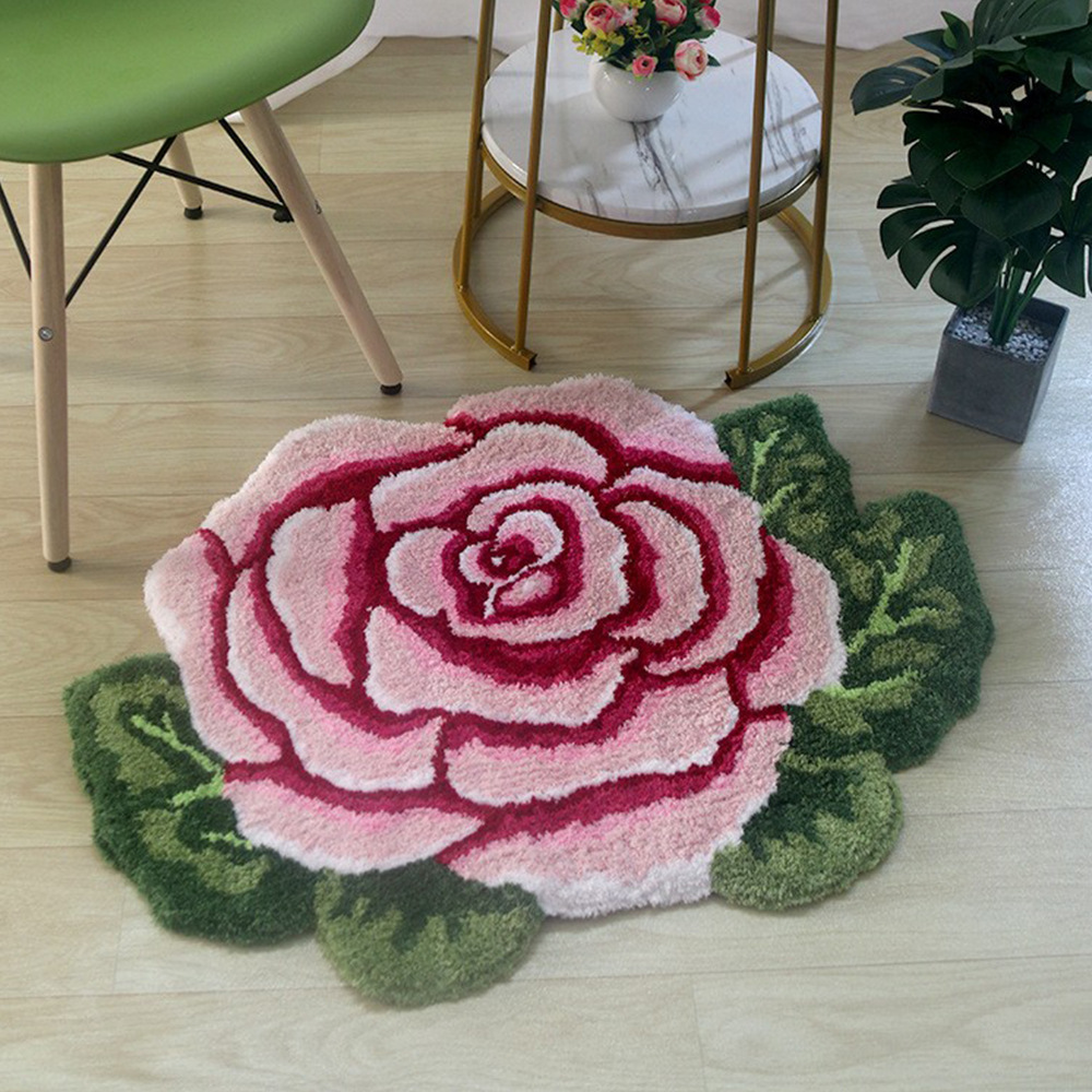 批发家用卧室客厅粉红色异形一朵玫瑰花毛绒地毯入户地垫创意脚垫