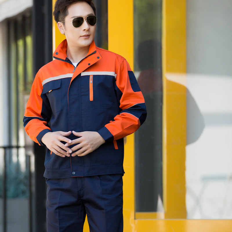 批发涤棉工作服套装男耐磨春秋长袖反光条厂服车间汽修企业劳保服