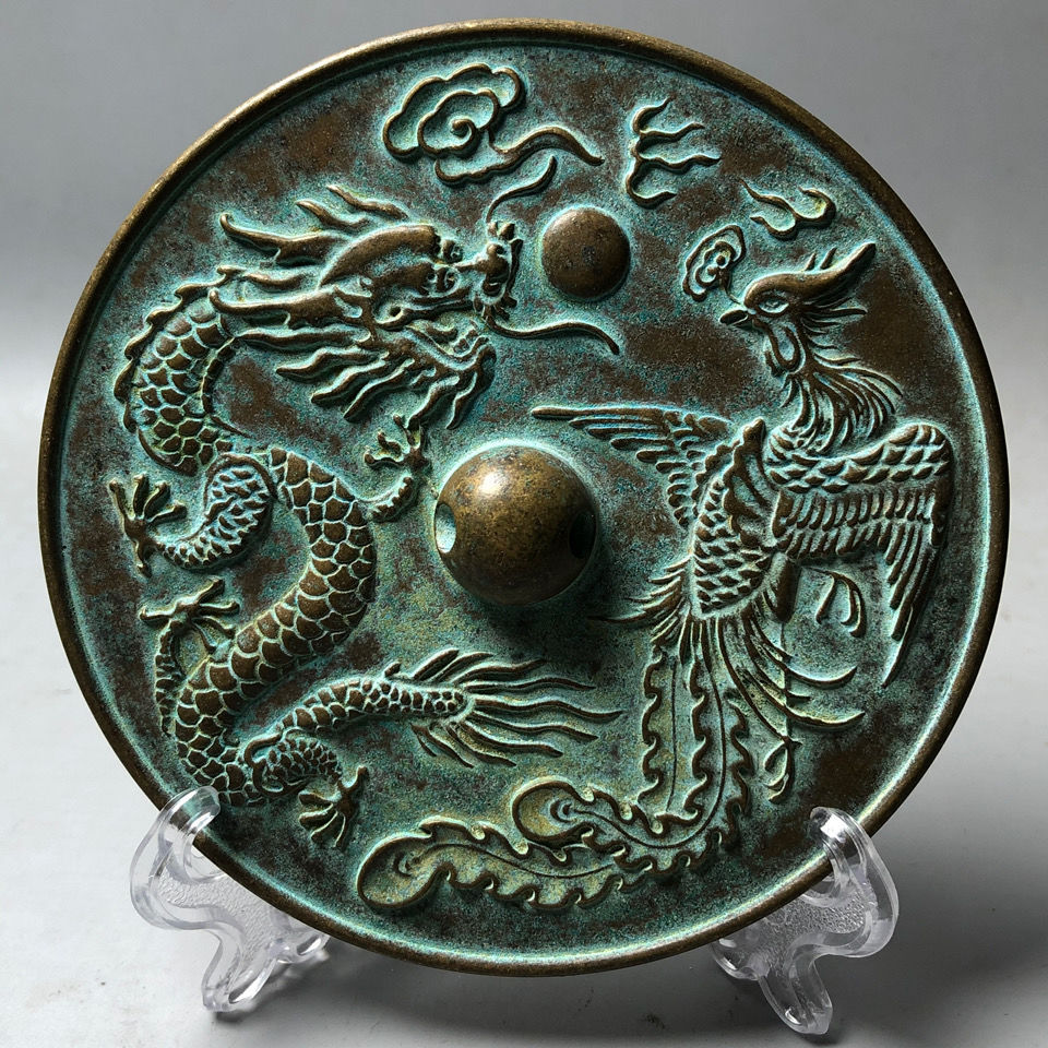 古玩古董收藏乡下老物件纯铜龙凤呈祥铜镜摆件复古大清乾隆年铜镜