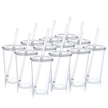 工厂现货跨境塑料吸管杯套装透明水杯 吸管杯450ml单层简约吸管杯