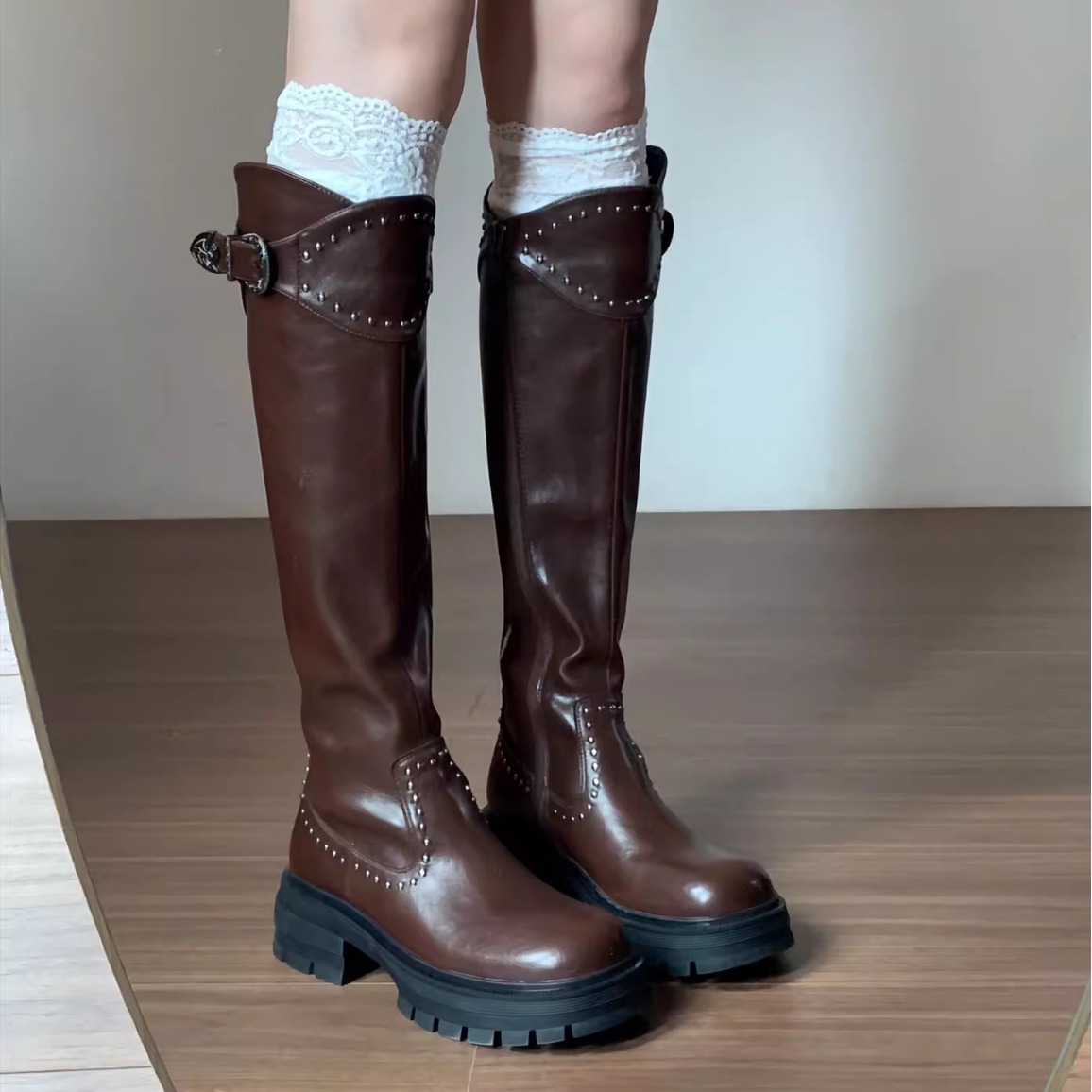 高级感牛皮版~复古高筒骑士靴女秋冬季加绒不过膝长靴女长筒靴女