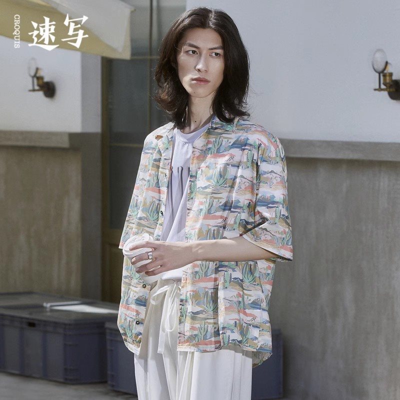 速写男装奥莱outlets夏季印花衬衫古巴领度假潮短袖夏天衬衣外套