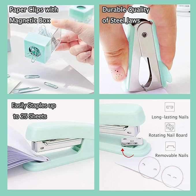 Cross-Border Direct Supply Mint Green Desktop Office Set Student Office Stapler Nail Puller Scissors Paper Clip Combination