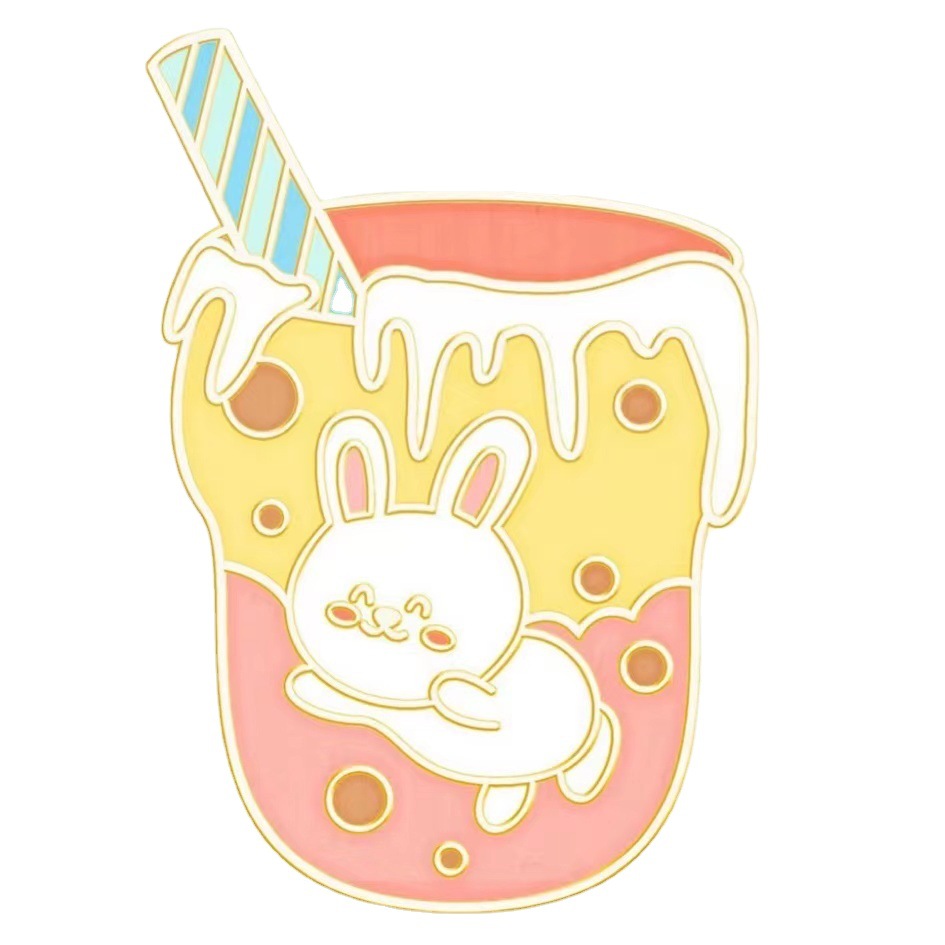 兔子卡通珍珠奶茶杯胸针饮品胸章金属徽章女包包衣服配饰现货批发