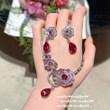 仙境胭脂红牡丹宝石项链 古董感 镀18K金 卢比莱洋红花朵锆石耳环