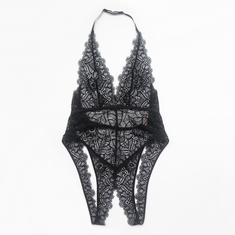 夏季款透气开裆连体衣蕾丝挂脖式露臀露背性感情趣内衣女71084