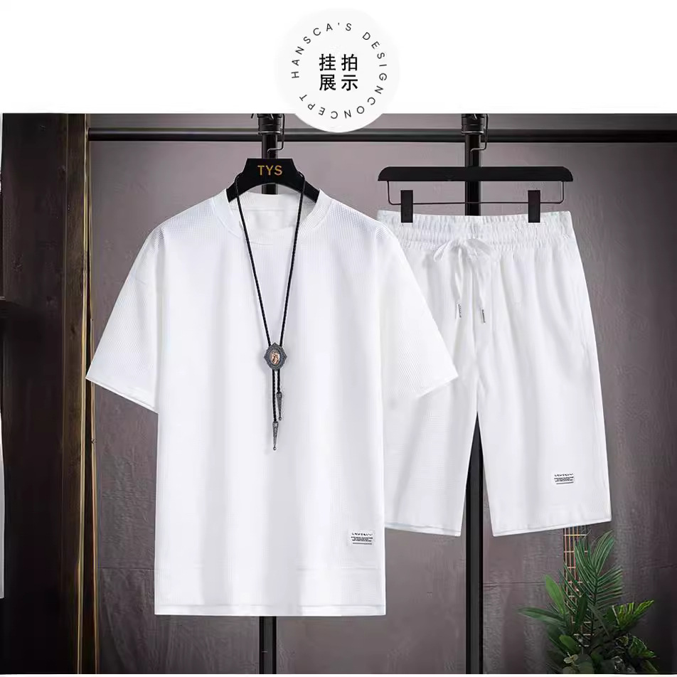Fake Two-Piece Handsome Waffle Short-Sleeved T-shirt Men's Summer Fashion Brand Youth Student Leisure Sports Men's Suits