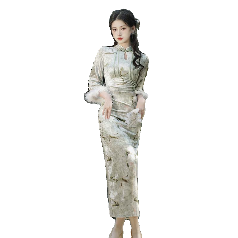 新中式轻国风订婚连衣裙女秋冬季民国小洋装改良加绒旗袍过年战袍