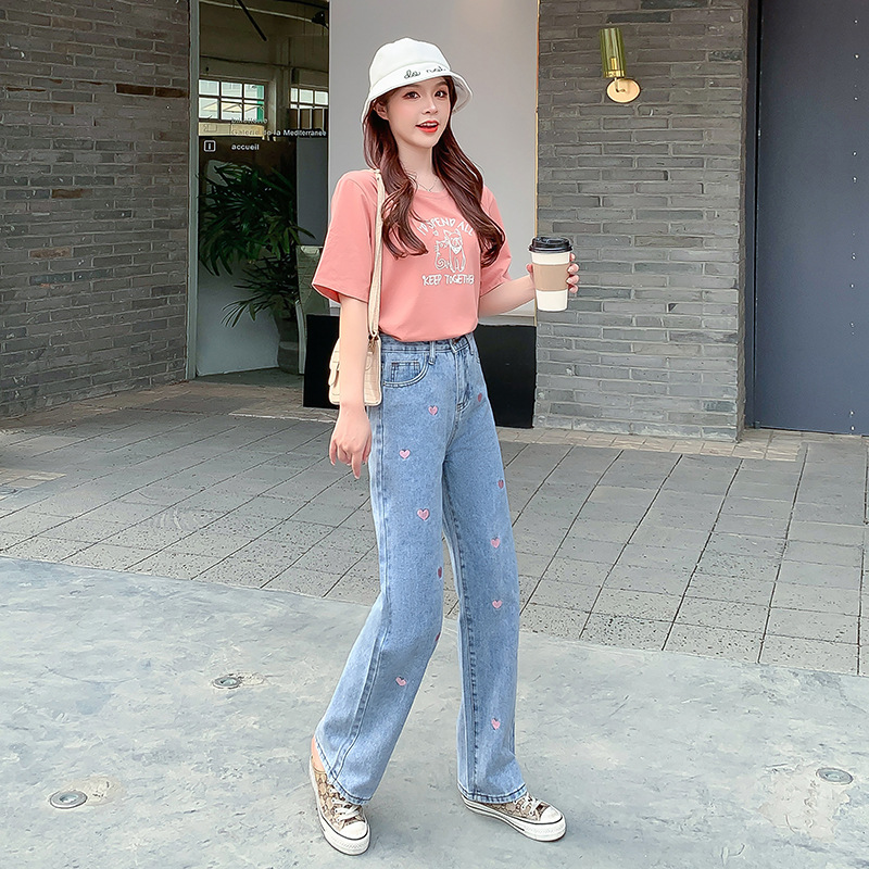 Retro Washed Love Jeans Women 2023 Spring/Summer Loose Personality Design Wide Leg Pants High Waist Slimming Straight Pants