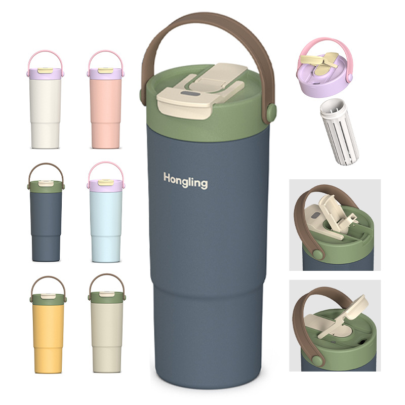 亚马逊跨境爆款吸管保温杯 304不锈钢汽车杯车载把手冰霸杯定制