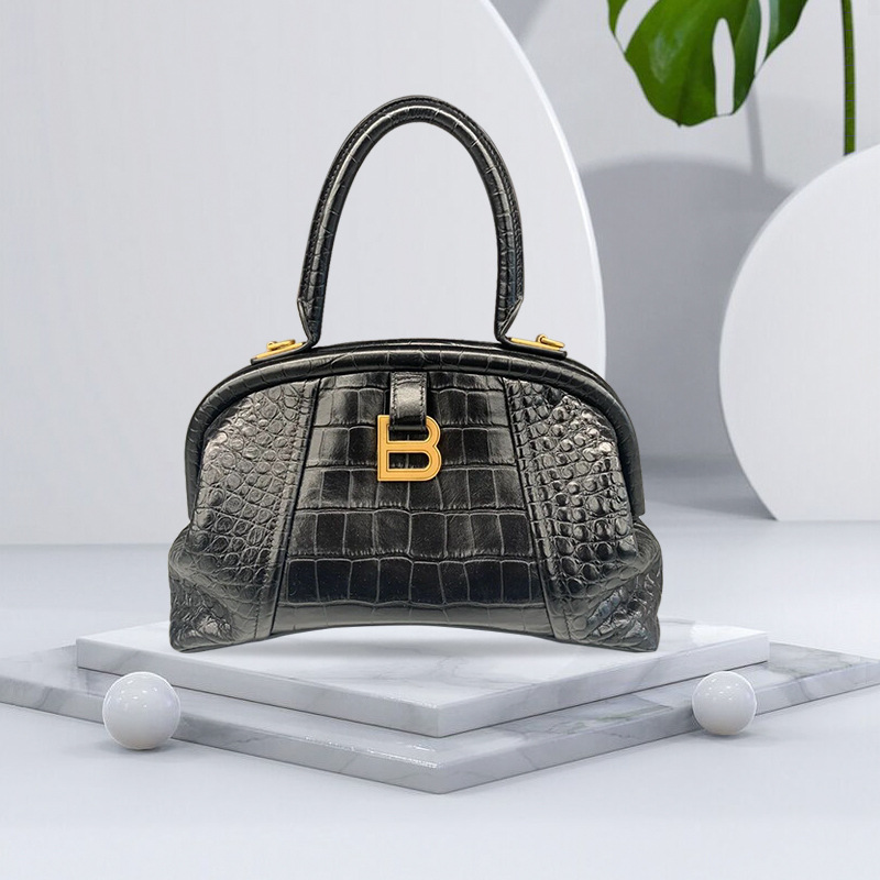 2022新款b字沙漏夹子包包 轻奢时尚鳄鱼纹手提饺子包女真皮斜跨包