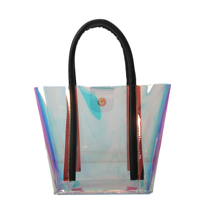 New Summer Laser Women's Bag Fashionable Casual Transparent Large Capacity Tote Bucket Bag Versatile Handheld Gel Bag Wholesale