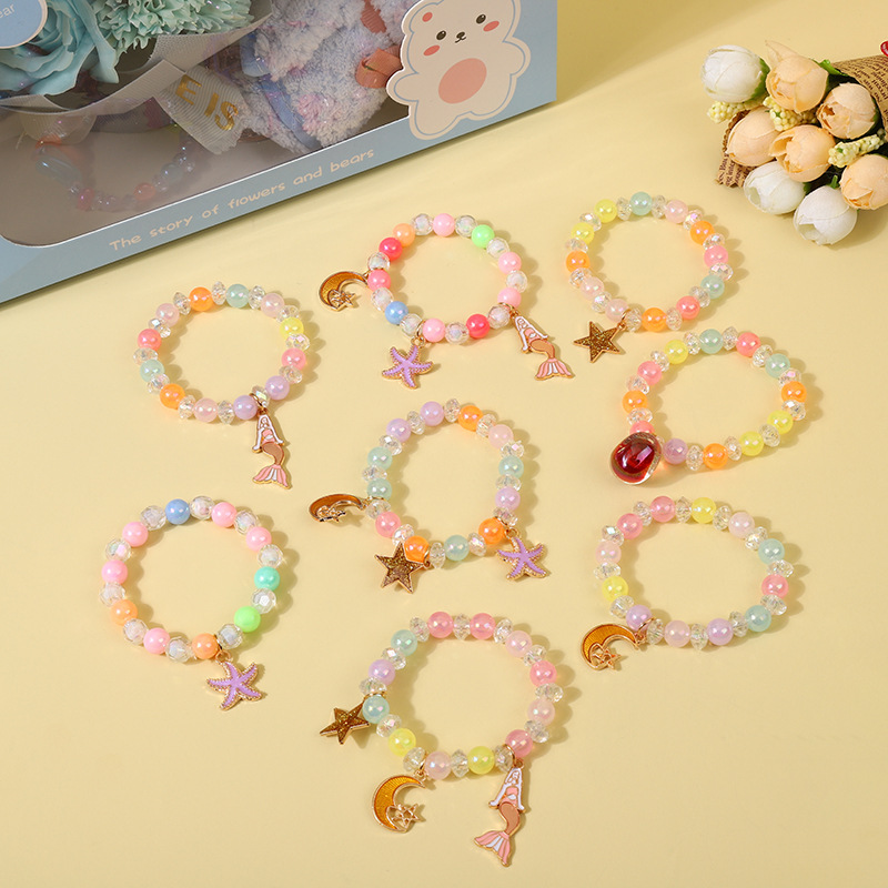 小仙女串珠手链卡通美人鱼挂件手链儿童珍珠手环公主宝宝动物手串