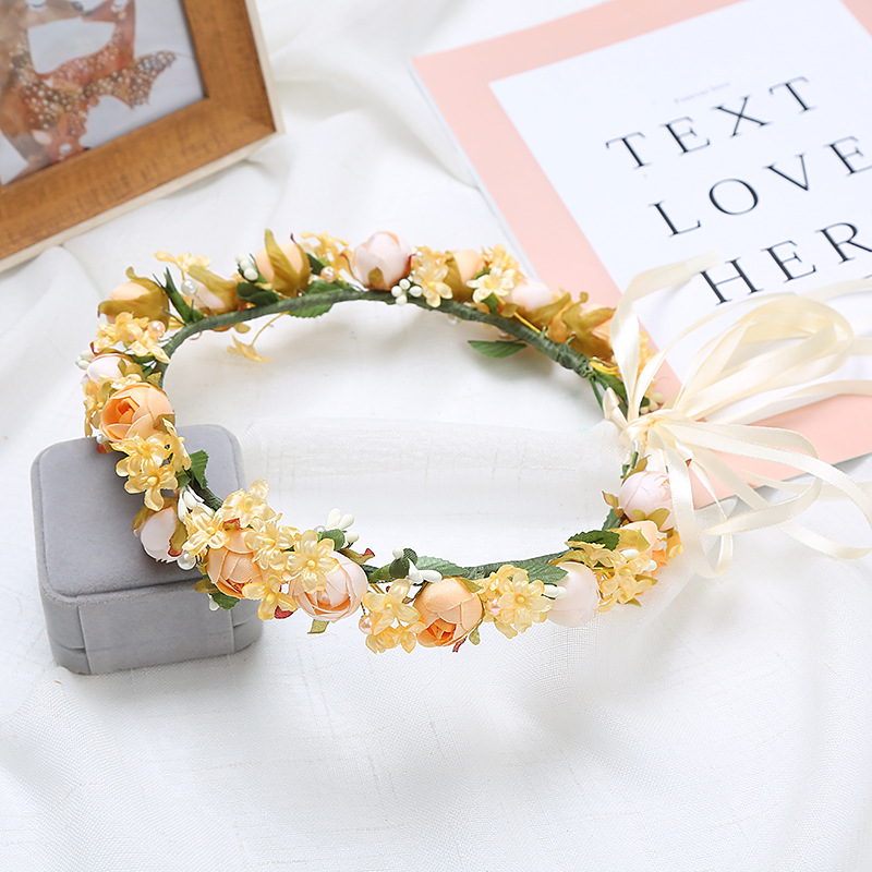 ins风新款粉桔色新娘花环发带纯手工花朵珍珠头饰儿童