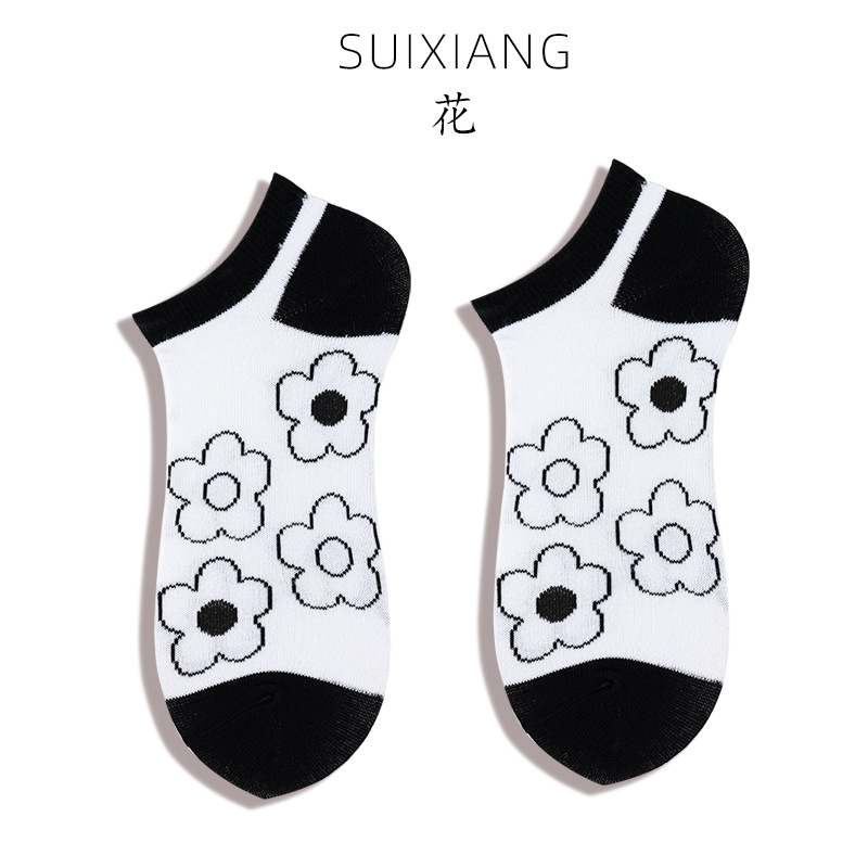 As Xiang All-Matching Comfortable Short Black and White Comfortable Sweat-Absorbent Couple Trend Ankle Socks Summer Cotton Matching Plaid Breathable