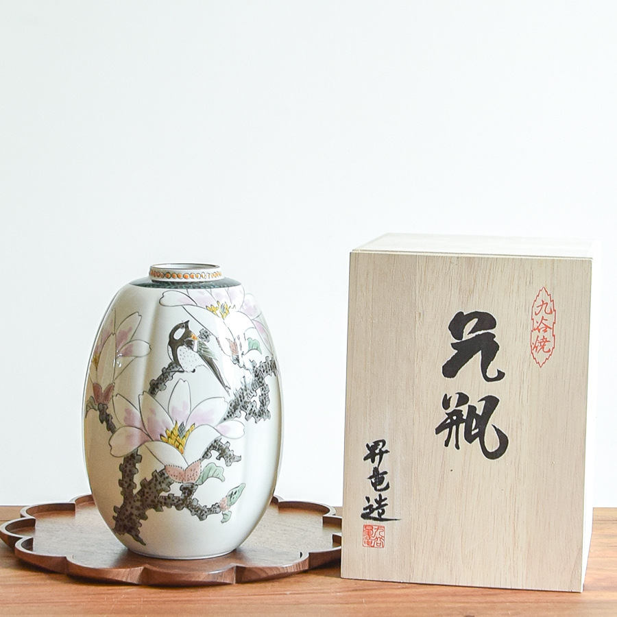 九谷烧/日本制/福田良则 作/名家款/7.5号棱角花瓶(雀花纹)
