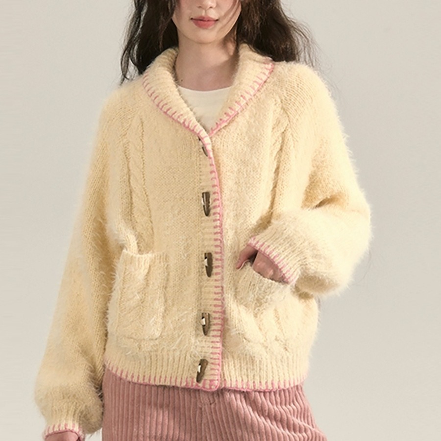 高级感冰岛纺纱仿貂毛混纺手勾线牛角扣开衫毛衣春-阿里巴巴