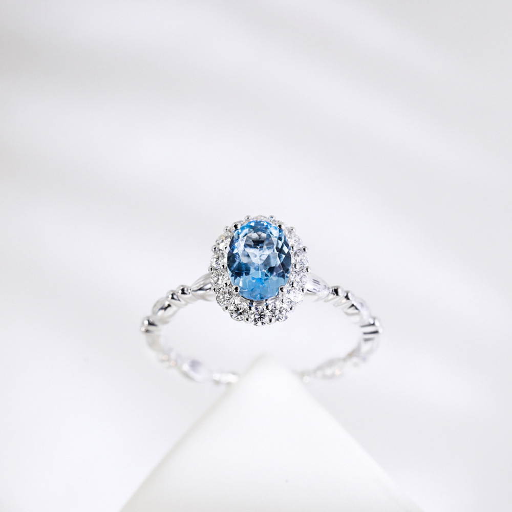 欧美跨境海蓝宝戒指女小众设计感蓝色托帕石指环开口可调节食指戒