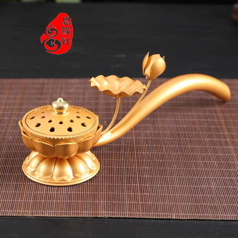 佛具佛事用品金色莲花手炉法器供天法会剃度长手柄线香熏炉檀香炉