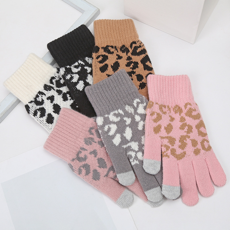秋冬新款分指手套女韩版加绒防寒保暖手套可爱豹纹提花针织手套