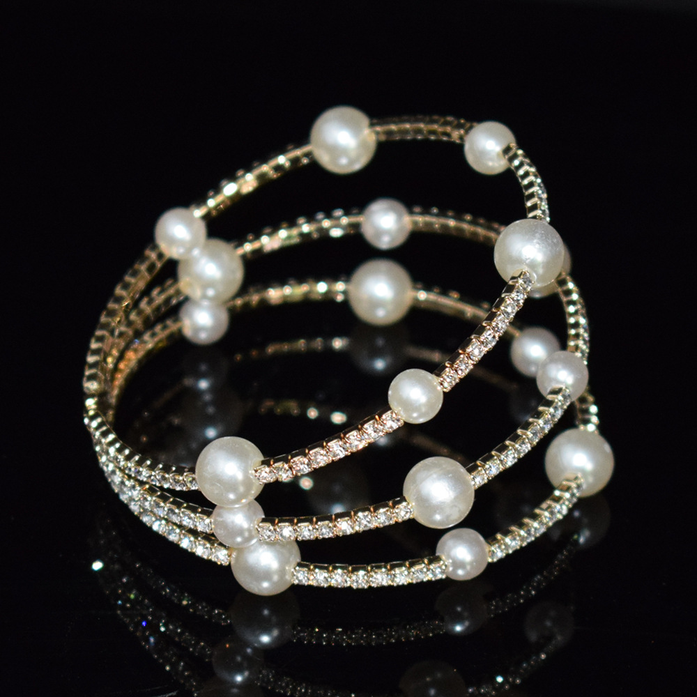 0成交122个韩版个性百搭时尚女手镯混搭合金开口水晶珍珠手链女一排