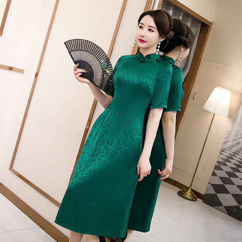 妈妈改良旗袍连衣裙女复古中国风年轻款礼服中长款气质醋酸祺袍裙