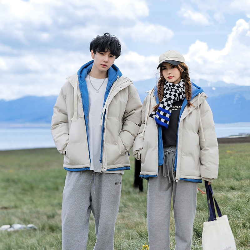 新款棉服男士外套时尚潮情侣装冬季棉衣男加厚连帽假两件棉袄保暖