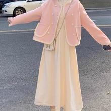 甜美风套装粉色毛呢外套女装2024新春季半高领长袖连衣裙两件套