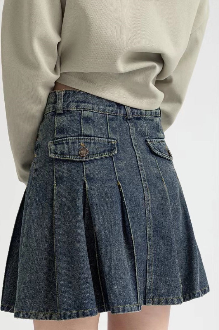 American Retro High Waist Slimming Pleated Half-Length Denim Short Skirt Women's Design Sense Niche Japanese Style Young Denim Skirt