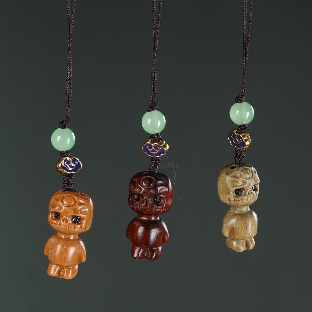 紫檀木雕阿呆小人创意手机链挂饰骷髅头檀香木文玩手把件挂绳吊坠