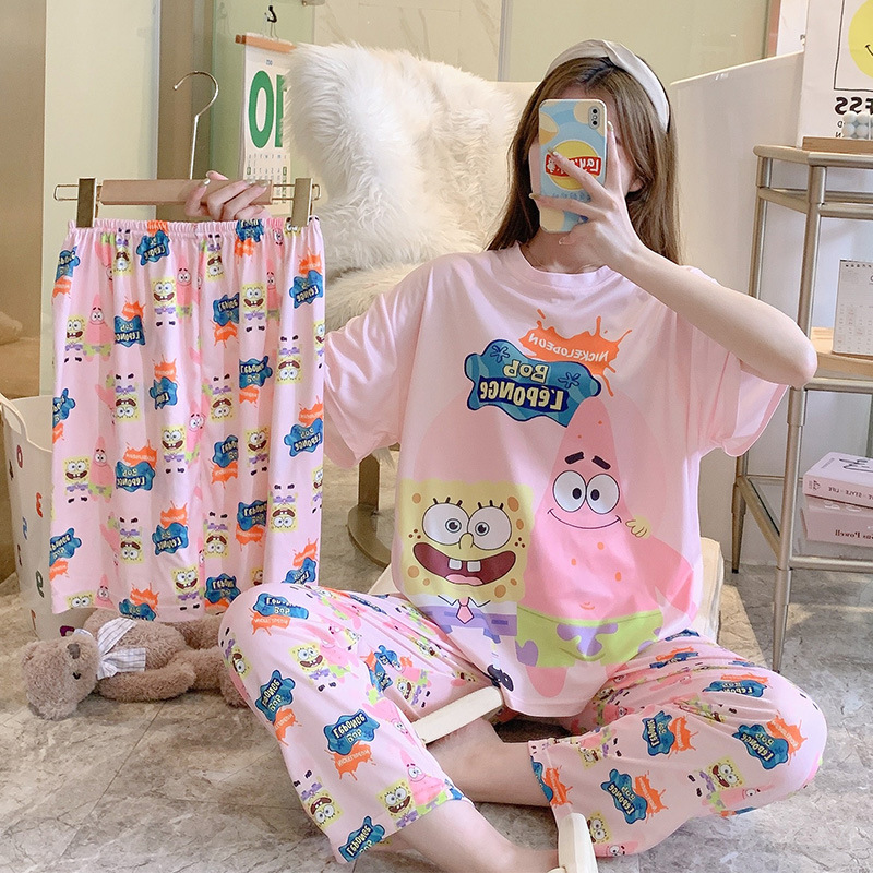 Supply Foreign Trade Cross-Border Direct Sales Southeast Asia Summer  Pajamas Women's Three-Piece Suit Loose and Cute Best-Seller on Douyin  Homewear Suit