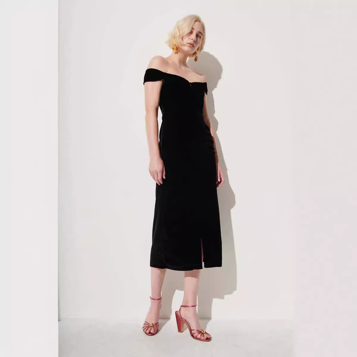 z0466欧美跨境亚马逊wish一字领露肩褶皱开叉前拉链礼服连衣裙