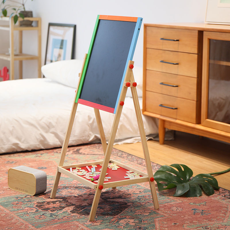 跨境厂家大号儿童双面磁性画板实木支架式画板可擦可升降写字玩具