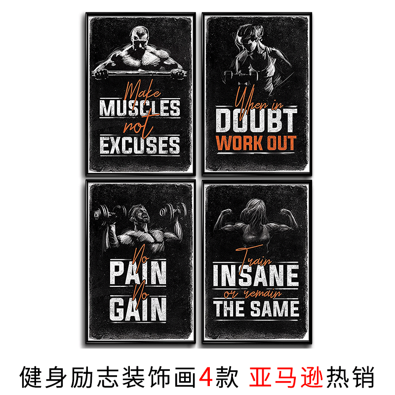 亚马逊健身房励志海报 work out肌肉男英文格言组合装饰画定制