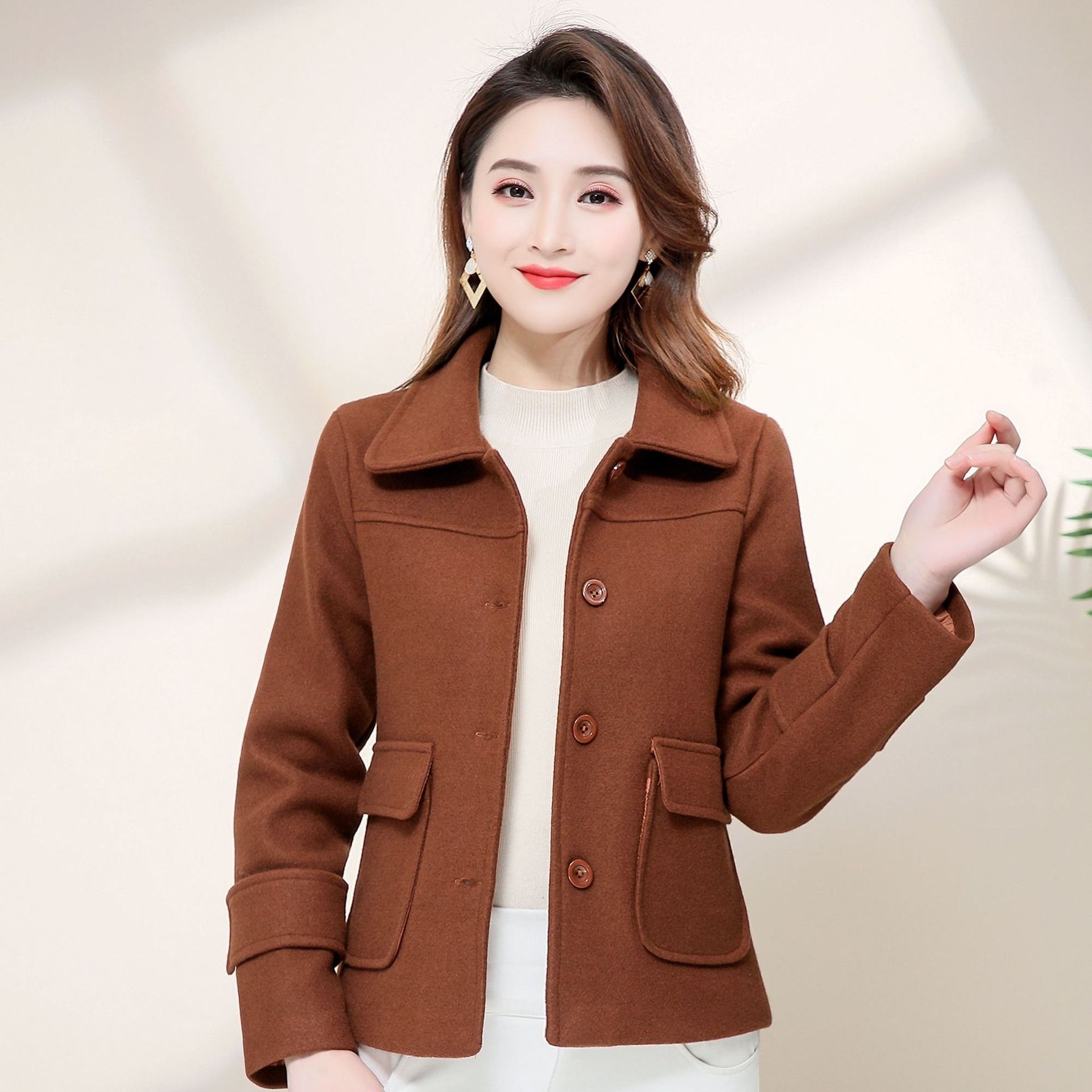 欧美速卖通小个子毛呢外套女短款2021韩版休闲气质短外套女呢子潮