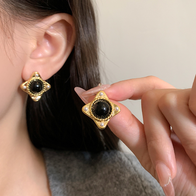 real gold electroplated earrings earrings s925 sterling silver needle retro fashion elegance natural black agate tigereye earrings for women