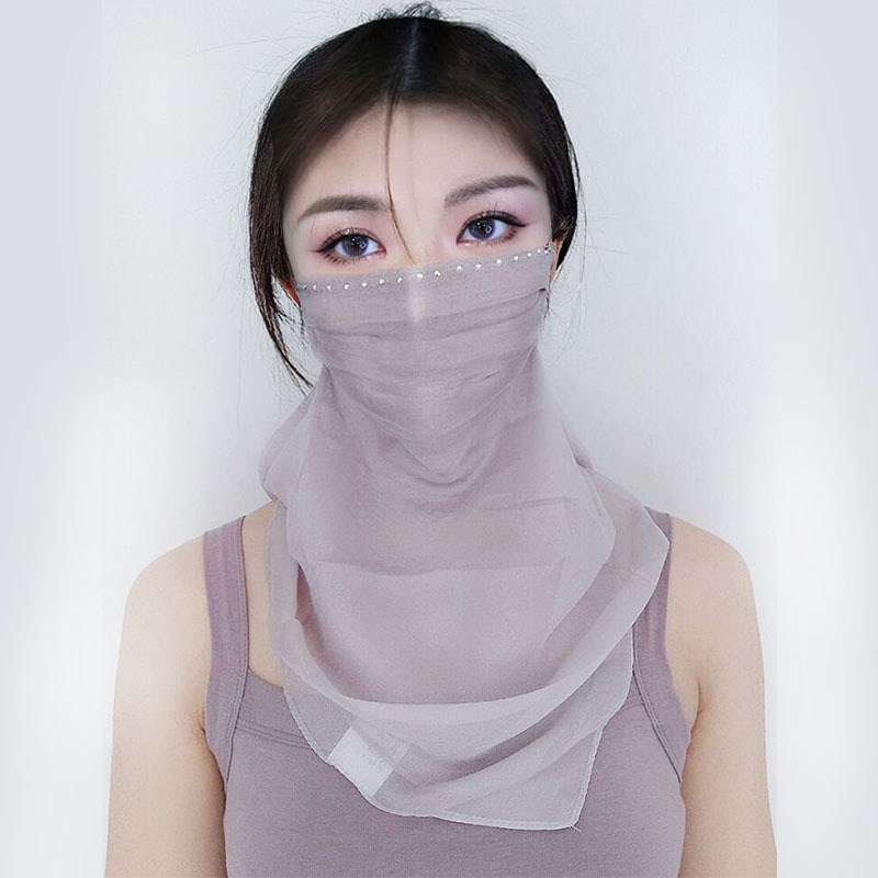桑蚕丝真丝口罩女护颈夏季透气薄款防晒面纱带钻闪钻超大遮阳